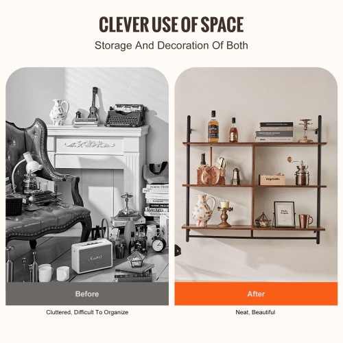 VEVOR 3 Tier Industrial Pipe Shelf, 41.5x9.84in, Wall-Mount Floating Rustic Wood Shelves Bracket Display Bookshelf, Storage Rack Sundries Holder for