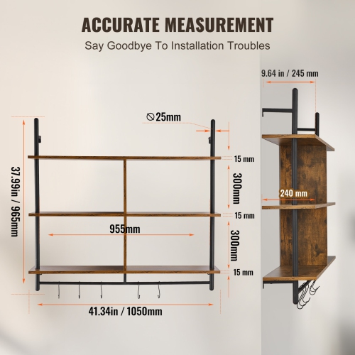VEVOR 3 Tier Industrial Pipe Shelf, 41.5x9.84in, Wall-Mount Floating Rustic Wood Shelves Bracket Display Bookshelf, Storage Rack Sundries Holder for