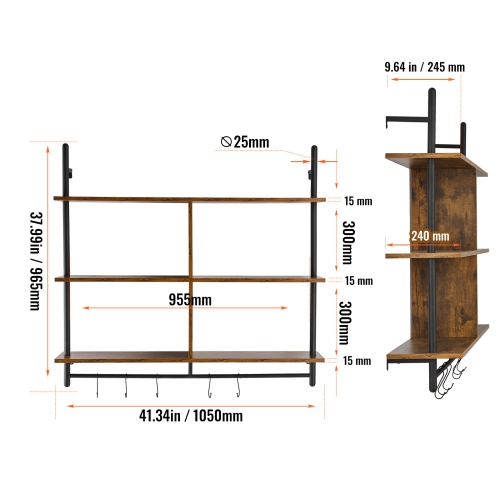 VEVOR 3 Tier Industrial Pipe Shelf, 41.5x9.84in, Wall-Mount Floating Rustic Wood Shelves Bracket Display Bookshelf, Storage Rack Sundries Holder for
