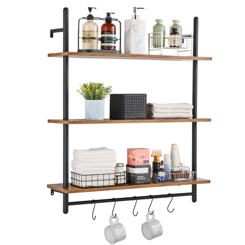 Image 1 of 9.. VEVOR 3 Tier Industrial Pipe Shelf, 32x9.84in, Wall-Mount Floating Rustic Wood Shelves Bracket Display Bookshelf, Storage Rack Sundries Holder for