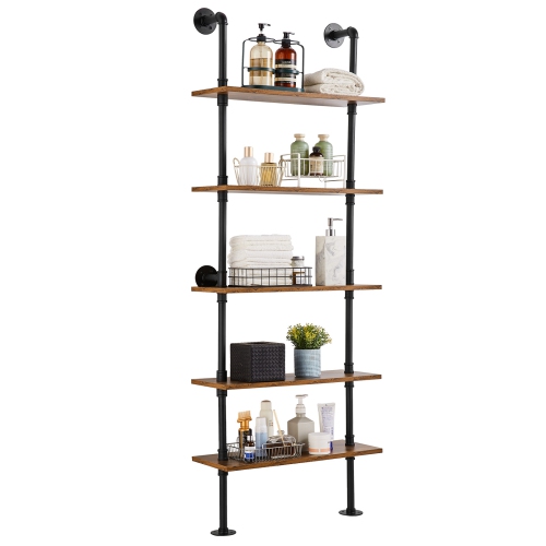 Image 1 of 9.. VEVOR 5 Tier Industrial Pipe Shelf, 24x9.84in, Wall-Mount Floating Rustic Wood Shelves Bracket Display Bookshelf, Storage Rack Sundries Holder for