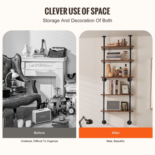 VEVOR 5 Tier Industrial Pipe Shelf, 24x9.84in, Wall-Mount Floating Rustic Wood Shelves Bracket Display Bookshelf, Storage Rack Sundries Holder for