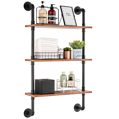 Image 1 of 9.. VEVOR 3 Tier Industrial Pipe Shelf, 24x7.87in, Wall-Mount Floating Rustic Wood Shelves Bracket Display Bookshelf, Storage Rack Sundries Holder for