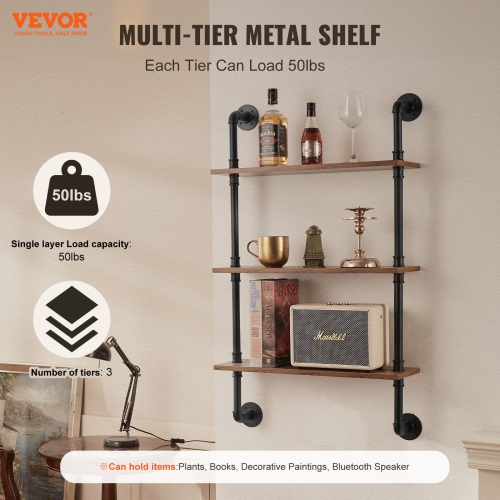 VEVOR 3 Tier Industrial Pipe Shelf, 24x7.87in, Wall-Mount Floating Rustic Wood Shelves Bracket Display Bookshelf, Storage Rack Sundries Holder for