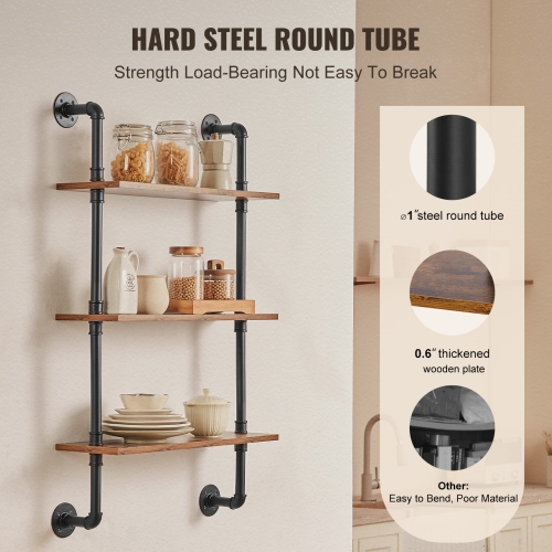 VEVOR 3 Tier Industrial Pipe Shelf, 24x7.87in, Wall-Mount Floating Rustic Wood Shelves Bracket Display Bookshelf, Storage Rack Sundries Holder for