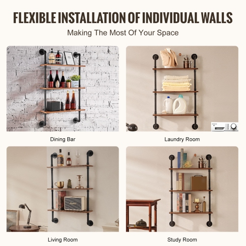 VEVOR 3 Tier Industrial Pipe Shelf, 24x7.87in, Wall-Mount Floating Rustic Wood Shelves Bracket Display Bookshelf, Storage Rack Sundries Holder for