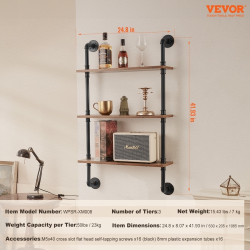 VEVOR 3 Tier Industrial Pipe Shelf, 24x7.87in, Wall-Mount Floating Rustic Wood Shelves Bracket Display Bookshelf, Storage Rack Sundries Holder for