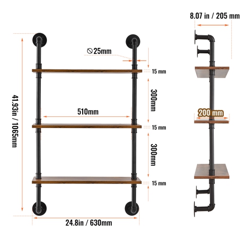 VEVOR 3 Tier Industrial Pipe Shelf, 24x7.87in, Wall-Mount Floating Rustic Wood Shelves Bracket Display Bookshelf, Storage Rack Sundries Holder for