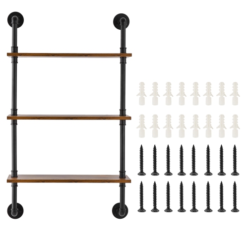 VEVOR 3 Tier Industrial Pipe Shelf, 24x7.87in, Wall-Mount Floating Rustic Wood Shelves Bracket Display Bookshelf, Storage Rack Sundries Holder for