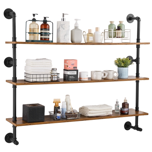 VEVOR 3 Tier Industrial Pipe Shelf, 48x9.84in, Wall-Mount Floating Rustic Wood Shelves Bracket Display Bookshelf, Storage Rack Sundries Holder for