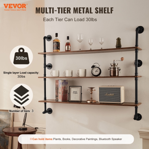 VEVOR 3 Tier Industrial Pipe Shelf, 48x9.84in, Wall-Mount Floating Rustic Wood Shelves Bracket Display Bookshelf, Storage Rack Sundries Holder for