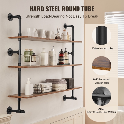 VEVOR 3 Tier Industrial Pipe Shelf, 48x9.84in, Wall-Mount Floating Rustic Wood Shelves Bracket Display Bookshelf, Storage Rack Sundries Holder for