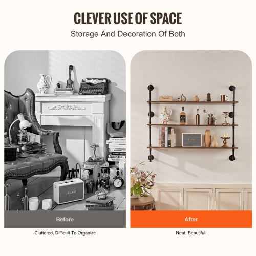 VEVOR 3 Tier Industrial Pipe Shelf, 48x9.84in, Wall-Mount Floating Rustic Wood Shelves Bracket Display Bookshelf, Storage Rack Sundries Holder for