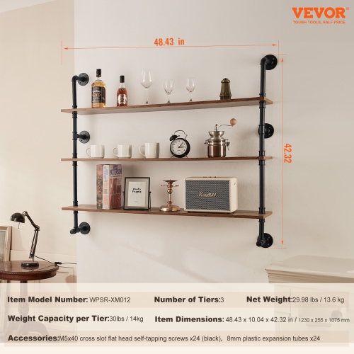 VEVOR 3 Tier Industrial Pipe Shelf, 48x9.84in, Wall-Mount Floating Rustic Wood Shelves Bracket Display Bookshelf, Storage Rack Sundries Holder for