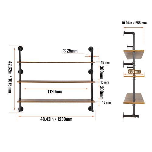 VEVOR 3 Tier Industrial Pipe Shelf, 48x9.84in, Wall-Mount Floating Rustic Wood Shelves Bracket Display Bookshelf, Storage Rack Sundries Holder for
