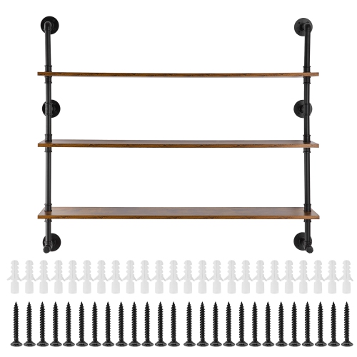 VEVOR 3 Tier Industrial Pipe Shelf, 48x9.84in, Wall-Mount Floating Rustic Wood Shelves Bracket Display Bookshelf, Storage Rack Sundries Holder for
