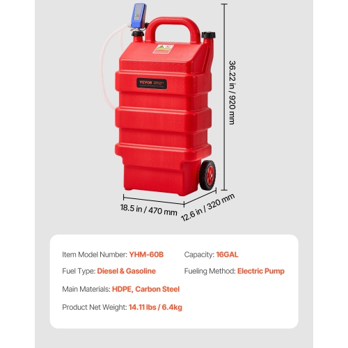 VEVOR 16 Gallon Fuel Caddy,Portable Fuel Tank with 12V DC 2.5 GPM Electric Fuel Transfer Pump, 4 ft Delivery Hose & Auto-Stop Sensor Nozzle, Tank