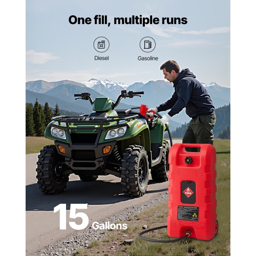 VEVOR 15 Gallon Fuel Caddy,Portable Fuel Tank with Gravity & Hand Pump Modes, Fuel Tank Container with Wheels, 10 ft Delivery Hose & Manual Pump, Gas
