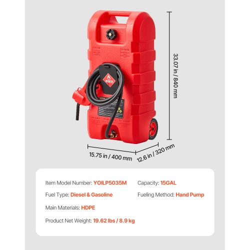 VEVOR 15 Gallon Fuel Caddy,Portable Fuel Tank with Gravity & Hand Pump Modes, Fuel Tank Container with Wheels, 10 ft Delivery Hose & Manual Pump, Gas