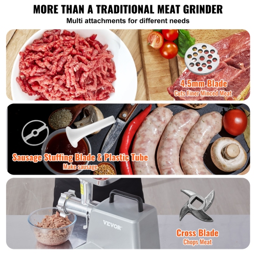 VEVOR 5 Lb/Min Capacity Electric Meat Grinder,575W（800W MAX) Industrial Meat Mincer with Blade,Grinding Plate, Sausage Stuffing Blade and 3 Tubes,