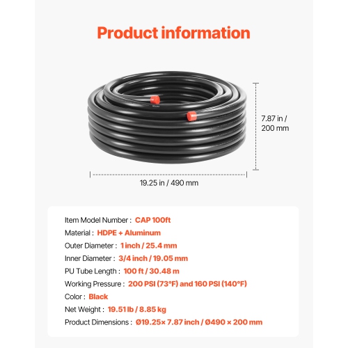 VEVOR 100FT x 3/4" HDPE-Aluminum Compressed Air Piping System, Leak-Proof, Pressure-Resistant & Easy-to-Install, Compressed Air Line Tubing Kit for