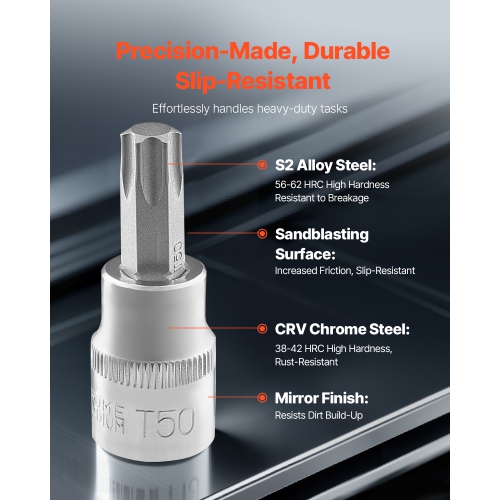 VEVOR 60-Piece Torx Bit Socket and External Torx Socket Set,T6-T70, TT6-TT70, TP8-TP60, E4-E24, S2 Alloy Steel and Cr-V Steel, 1/4 in, 3/8 in, and