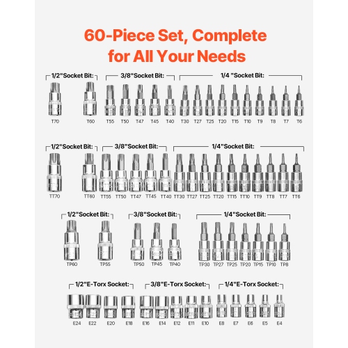 VEVOR 60-Piece Torx Bit Socket and External Torx Socket Set,T6-T70, TT6-TT70, TP8-TP60, E4-E24, S2 Alloy Steel and Cr-V Steel, 1/4 in, 3/8 in, and
