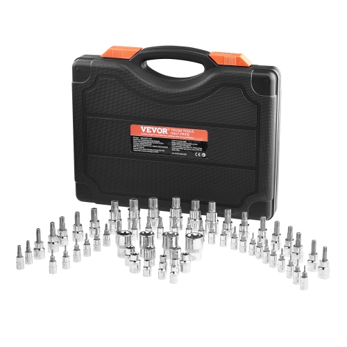 VEVOR 60-Piece Torx Bit Socket and External Torx Socket Set,T6-T70, TT6-TT70, TP8-TP60, E4-E24, S2 Alloy Steel and Cr-V Steel, 1/4 in, 3/8 in, and