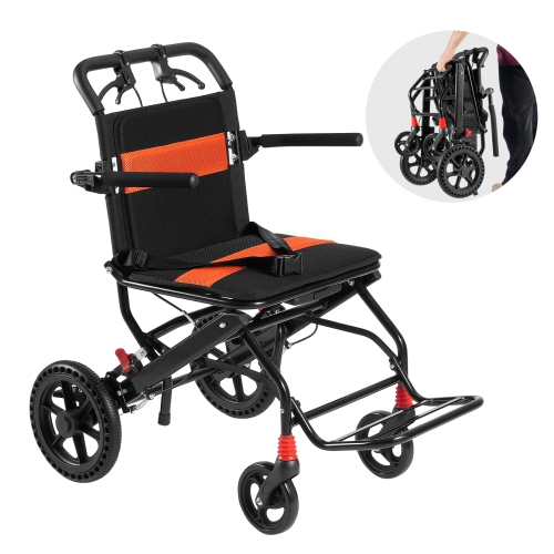 VEVOR 18-Inch Wide Wheelchair, Aluminum Alloy Ultra-Lightweight Transport Chair for Adults, Foldable with Flip-Back Desk-Length Arms, Self-locking
