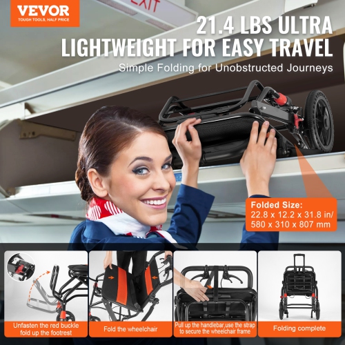 VEVOR 18-Inch Wide Wheelchair, Aluminum Alloy Ultra-Lightweight Transport Chair for Adults, Foldable with Flip-Back Desk-Length Arms, Self-locking