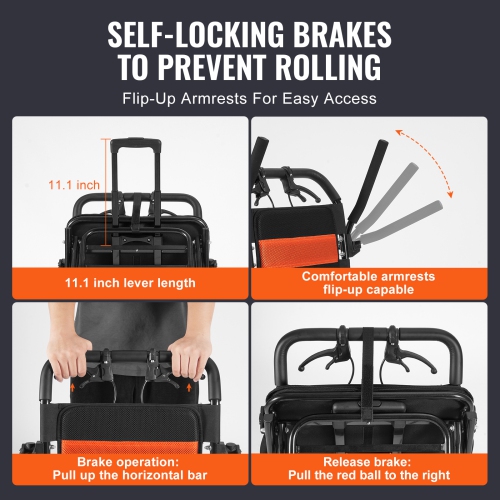 VEVOR 18-Inch Wide Wheelchair, Aluminum Alloy Ultra-Lightweight Transport Chair for Adults, Foldable with Flip-Back Desk-Length Arms, Self-locking