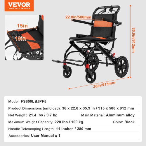 VEVOR 18-Inch Wide Wheelchair, Aluminum Alloy Ultra-Lightweight Transport Chair for Adults, Foldable with Flip-Back Desk-Length Arms, Self-locking