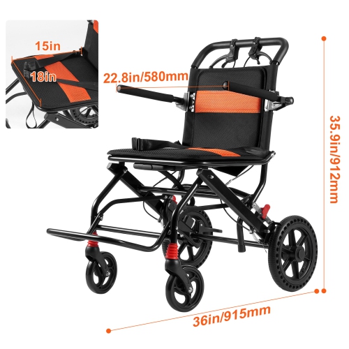 VEVOR 18-Inch Wide Wheelchair, Aluminum Alloy Ultra-Lightweight Transport Chair for Adults, Foldable with Flip-Back Desk-Length Arms, Self-locking