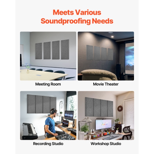 VEVOR 4 PCS Acoustic Panels, 2 inch 23.6 x 11.8 inch Fiberglass Sound Absorbing Panels, Self-adhesive Soundproof Wall Boards, for Studios, Office,
