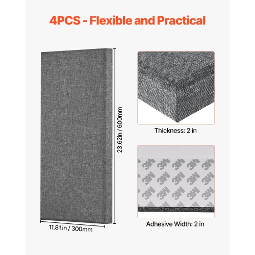 VEVOR 4 PCS Acoustic Panels, 2 inch 23.6 x 11.8 inch Fiberglass Sound Absorbing Panels, Self-adhesive Soundproof Wall Boards, for Studios, Office,