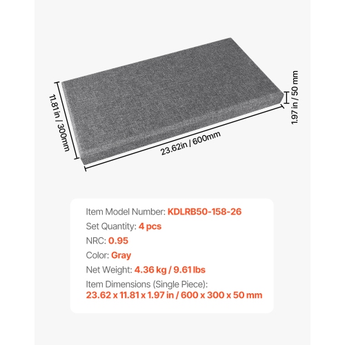 VEVOR 4 PCS Acoustic Panels, 2 inch 23.6 x 11.8 inch Fiberglass Sound Absorbing Panels, Self-adhesive Soundproof Wall Boards, for Studios, Office,