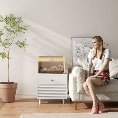 PawHut 22"L Hamster Cage, Small Animal Cage with Openable Top & Transparent Acrylic Windows, Hamster Enclosure with Hut, Seesaw, Ladder, for Dwarf