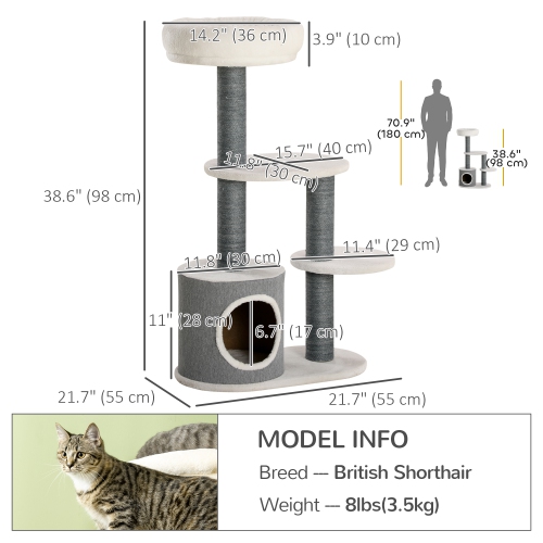 PawHut – 39 Arbre pour chats d'intérieur, tour pour chats avec poteaux à gratter, condo, perchaude, plateformes, centre d'activités multiniveaux pour