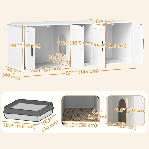 PawHut Cat Litter Box Enclosure for 2 Cats, 145 cm Hidden Litter Box Furniture with Double Room, Scratching Board, Indoor Cat House Washroom End