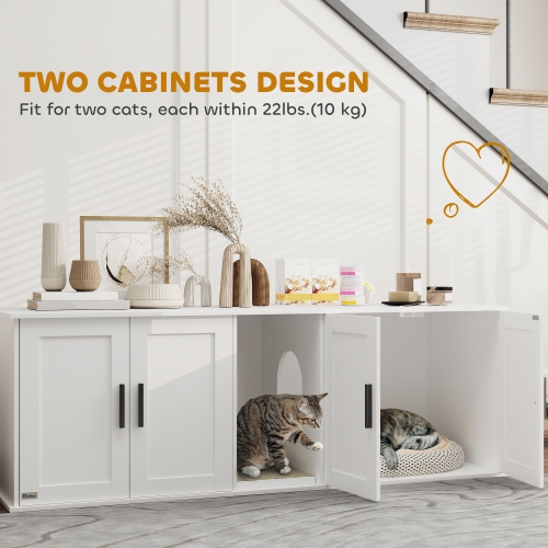 PawHut Cat Litter Box Enclosure for 2 Cats, 145 cm Hidden Litter Box Furniture with Double Room, Scratching Board, Indoor Cat House Washroom End