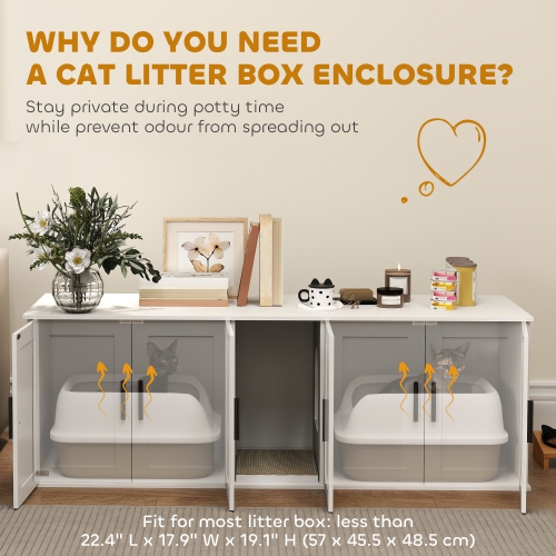 PawHut Cat Litter Box Enclosure for 2 Cats, 145 cm Hidden Litter Box Furniture with Double Room, Scratching Board, Indoor Cat House Washroom End