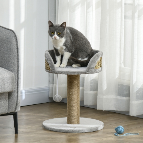 PawHut Small Cat Tree with Scratching Post, Perch, Toy Ball, Cat Tower for Indoor Cats - 16" x 16" x 19", Grey