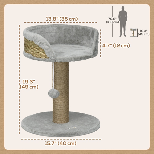 PawHut Small Cat Tree with Scratching Post, Perch, Toy Ball, Cat Tower for Indoor Cats - 16" x 16" x 19", Grey