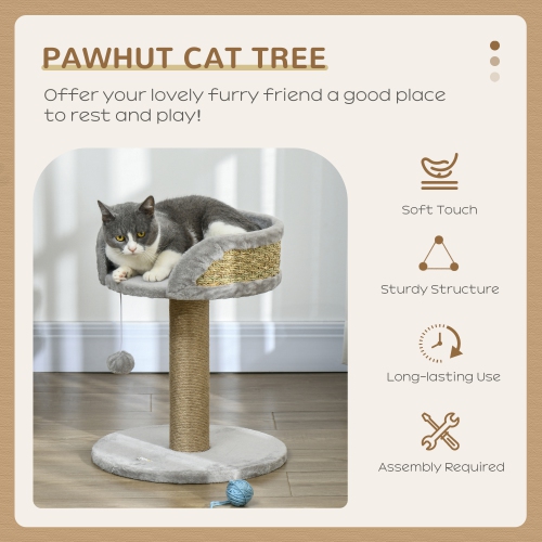 PawHut Small Cat Tree with Scratching Post, Perch, Toy Ball, Cat Tower for Indoor Cats - 16" x 16" x 19", Grey