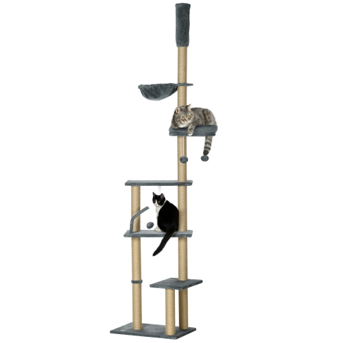 PawHut&nbsp;Floor to Ceiling Cat Tree,&nbsp;90.5" - 98.5" Adjustable&nbsp;Height Cat Tower&nbsp;with Scratching Post, Dangling Balls, Platforms, Bed,
