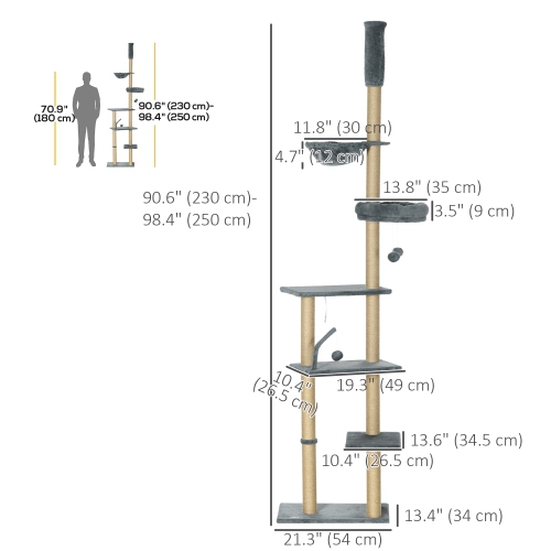PawHut Floor to Ceiling Cat Tree, 90.5" - 98.5" Adjustable Height Cat Tower with Scratching Post, Dangling Balls, Platforms, Bed,