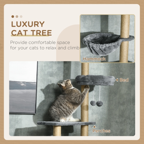 PawHut Floor to Ceiling Cat Tree, 90.5" - 98.5" Adjustable Height Cat Tower with Scratching Post, Dangling Balls, Platforms, Bed,