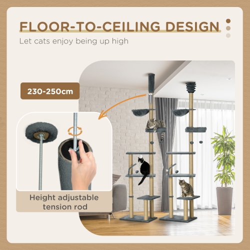 PawHut Floor to Ceiling Cat Tree, 90.5" - 98.5" Adjustable Height Cat Tower with Scratching Post, Dangling Balls, Platforms, Bed,