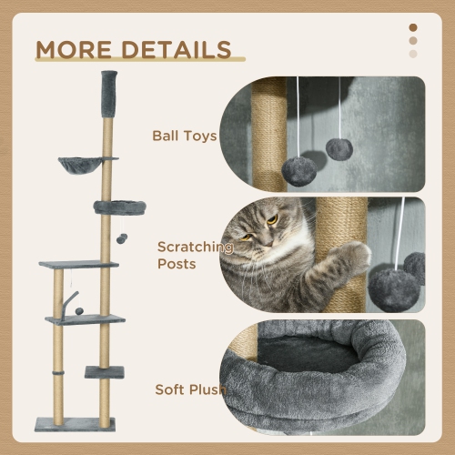 PawHut Floor to Ceiling Cat Tree, 90.5" - 98.5" Adjustable Height Cat Tower with Scratching Post, Dangling Balls, Platforms, Bed,