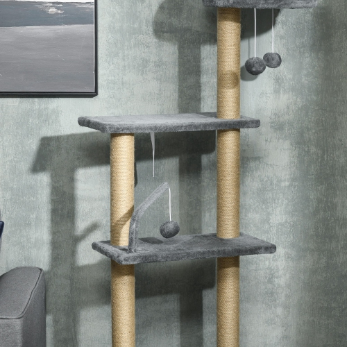 PawHut Floor to Ceiling Cat Tree, 90.5" - 98.5" Adjustable Height Cat Tower with Scratching Post, Dangling Balls, Platforms, Bed,